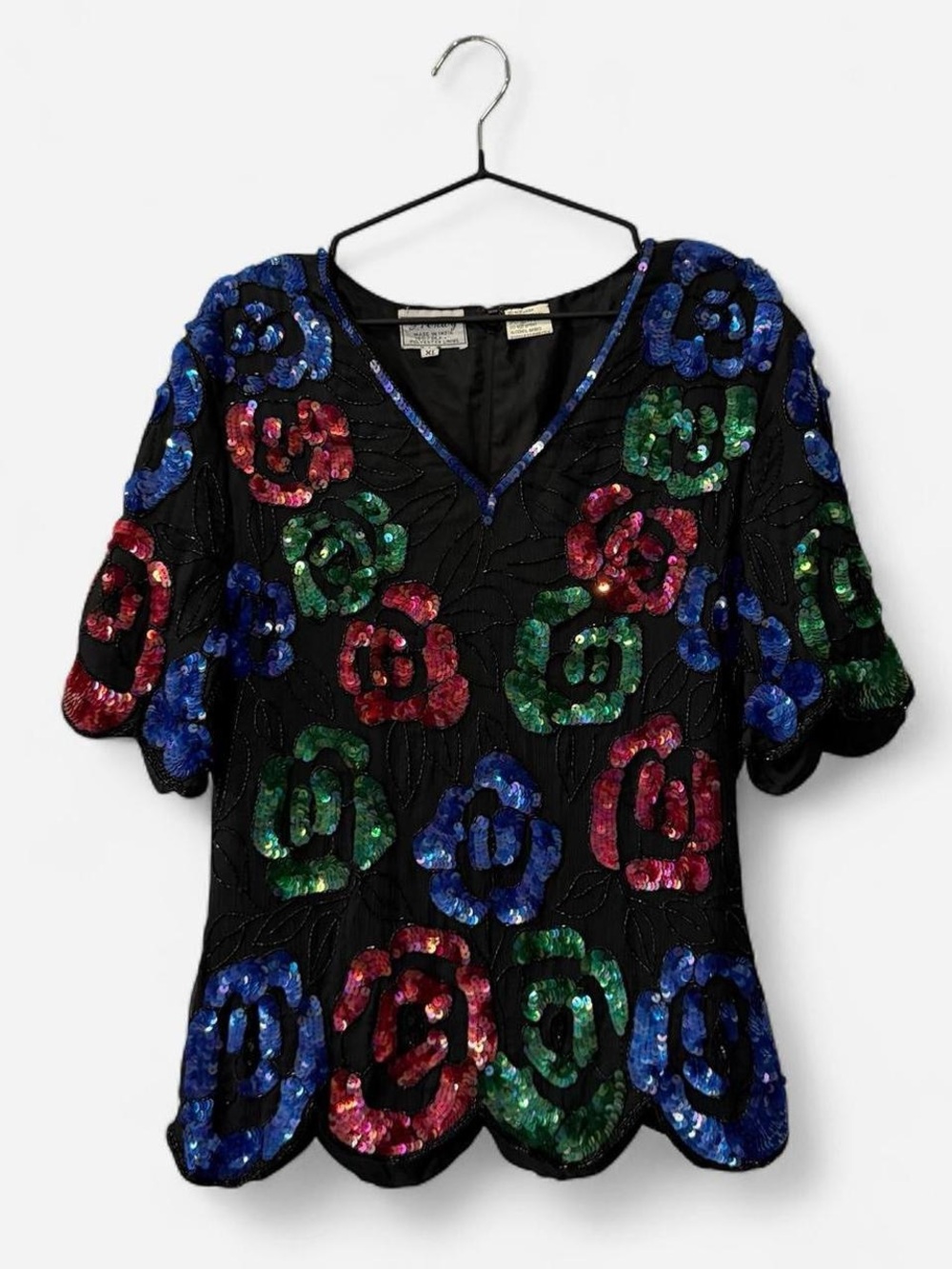 80s retro Vintage 100% Silk Beaded Sequin Blouse emerald jewel tones whimsy goth